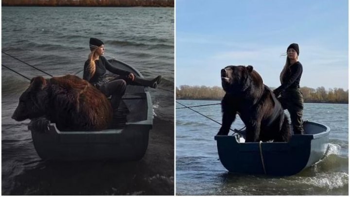 O tânără a ieșit cu un urs la pescuit, cu barca (FOTO)