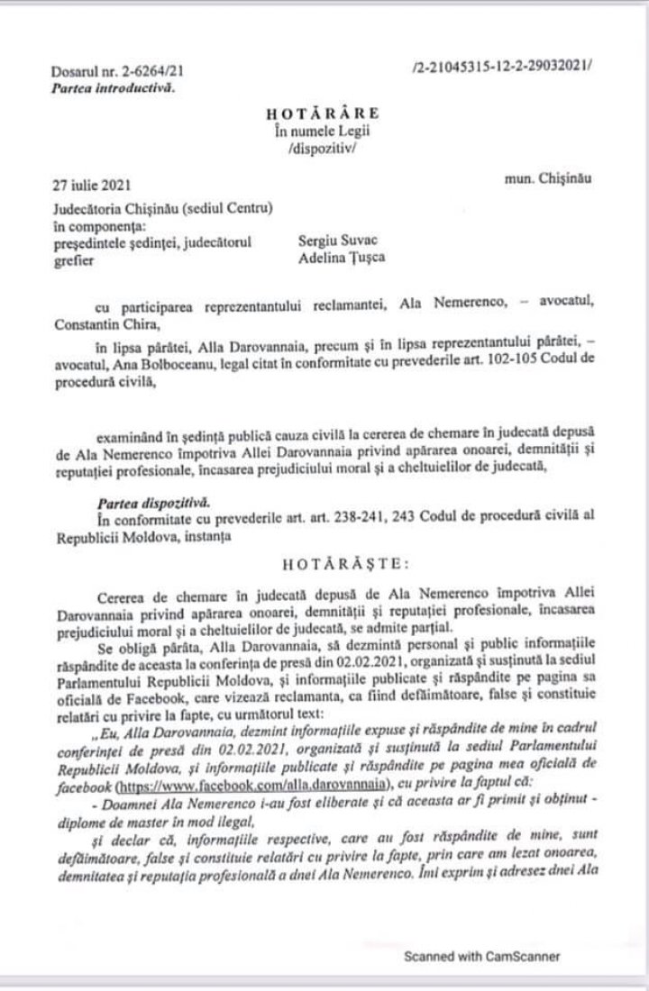 „Diploma falsă” a Alei Nemerenco. A obținut câștig în instanță. Va primi scuze publice și bani de la Darovanaia (DOC)