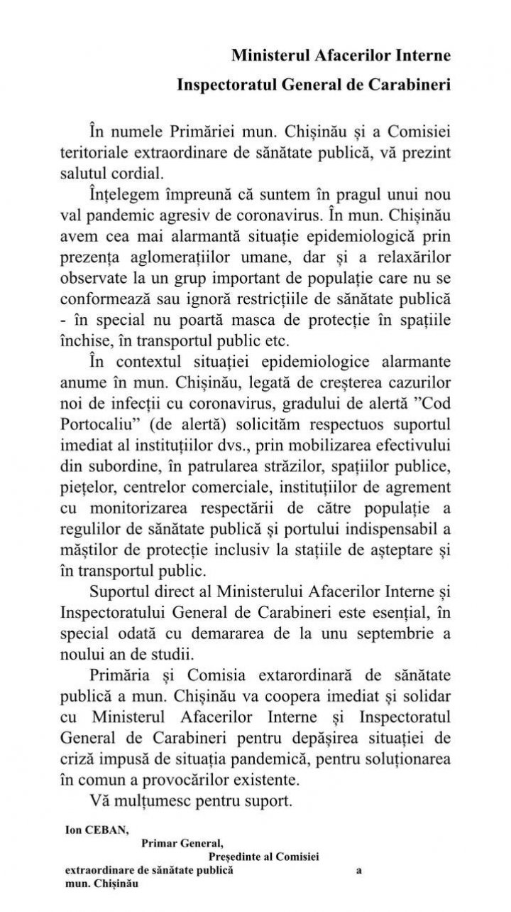 Ion Ceban a cerut implicarea poliţiştilor în monitorizarea respectării regulilor de sănătate publică