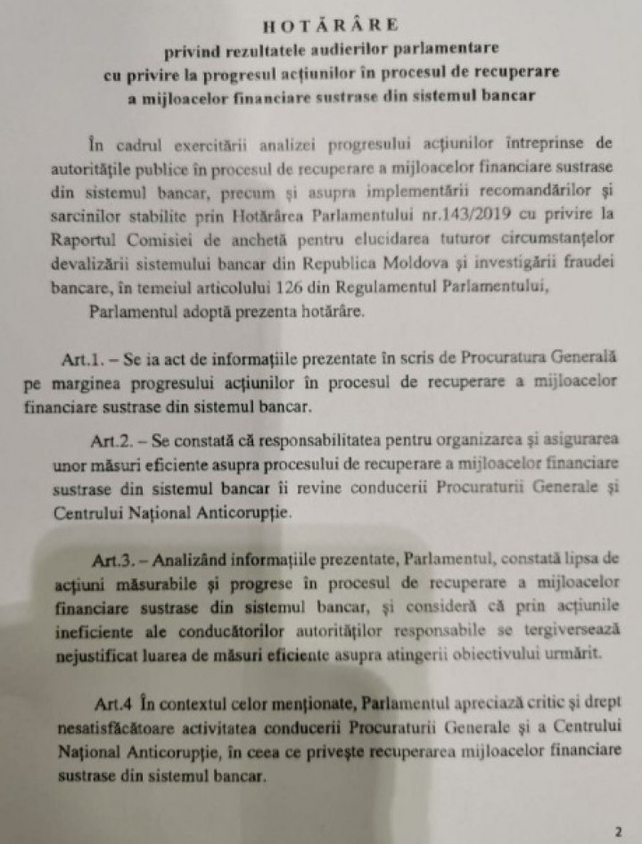 Comisia juridică a apreciat nesatisfăcător activitatea Procuratorii Generale și CNA: „Nici un leu nu a fost recuperat din furtul miliardului”