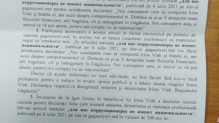 Irina Vlah l-a acționat în judecată pe Igor Grosu. Bașcanul cere 200 de mii de lei despăgubiri