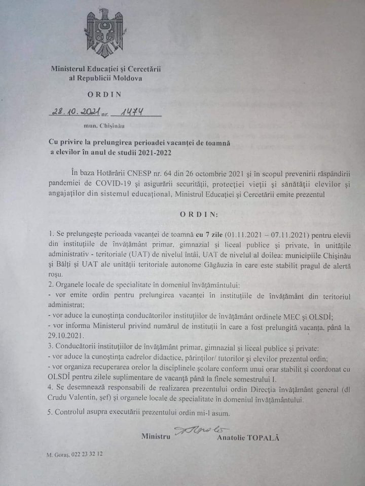 Vacanța de toamnă a fost prelungită până pe 7 noiembrie, pentru elevii din localitățile cu prag roșu de alertă