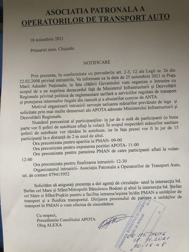 Transportatorii rutieri vor ieşi la PROTEST în Piaţa Marii Adunări Naţionale. APOTA a venit cu precizări