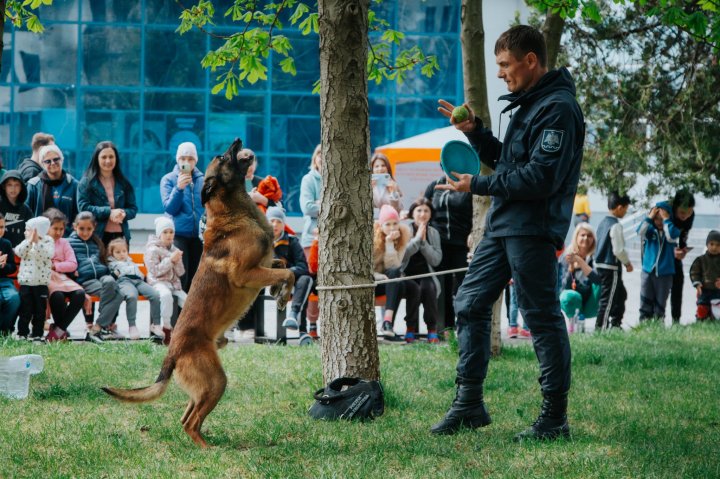 Distracție, zâmbete și dulciuri pentru copiii refugiați în Moldova. Câinele Poliției de Frontieră, Lachi i-a cucerit pe micuți (FOTO)