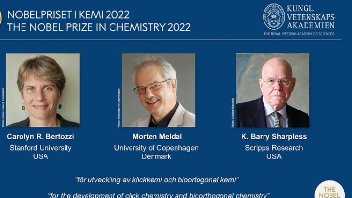 Premiul Nobel pentru chimie din 2022, câștigat de trei cercetători pentru „producerea unui instrument ingenios de creare a moleculelor”