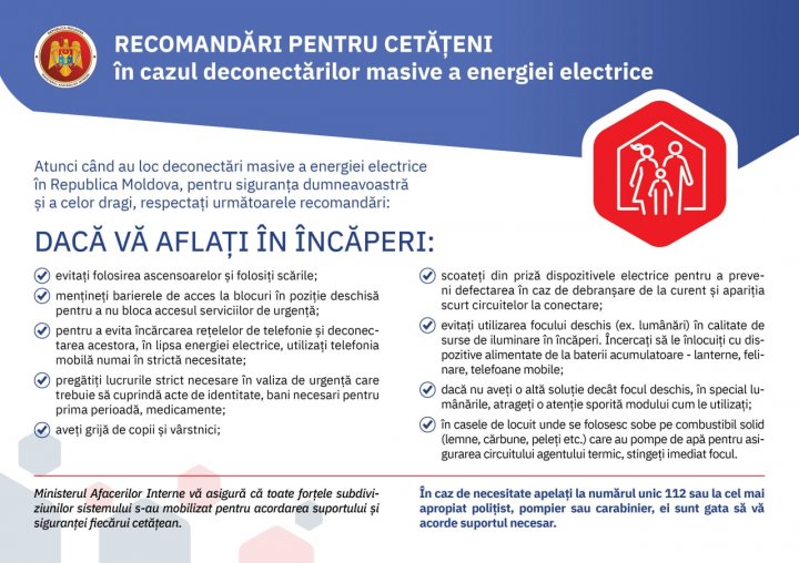 Ministerul de Interne vine cu RECOMANDĂRI DE SECURITATE în caz de deconectări de la energia electrică (FOTO)