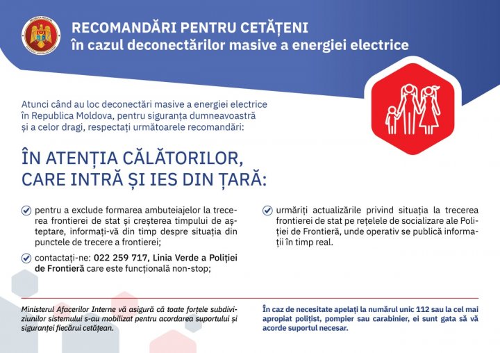 Ministerul de Interne vine cu RECOMANDĂRI DE SECURITATE în caz de deconectări de la energia electrică (FOTO)