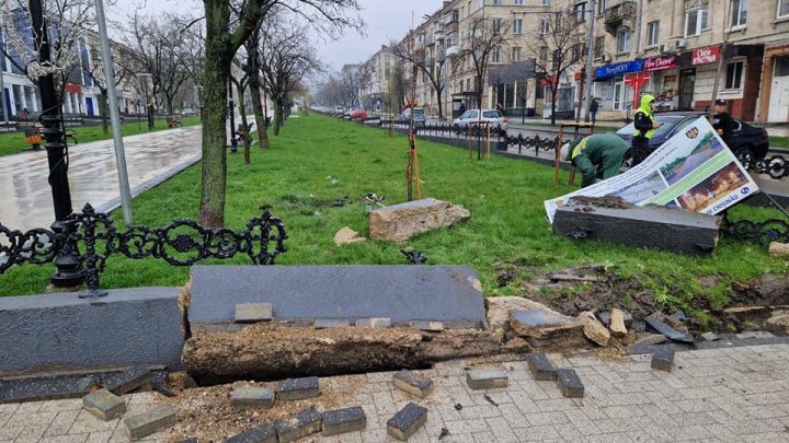 Mașina avariată, iar aleea Grigore Vieru distrusă. Poliția caută șoferul (FOTO/VIDEO)