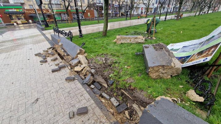 Mașina avariată, iar aleea Grigore Vieru distrusă. Poliția caută șoferul (FOTO/VIDEO)