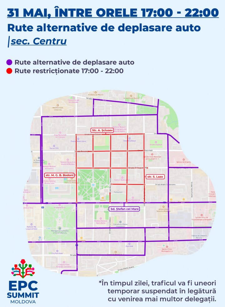 (HĂRȚI GRAFICE) Rute alternative de deplasare pentru șoferi și pietoni în perioada desfășurării Summitului CPE 