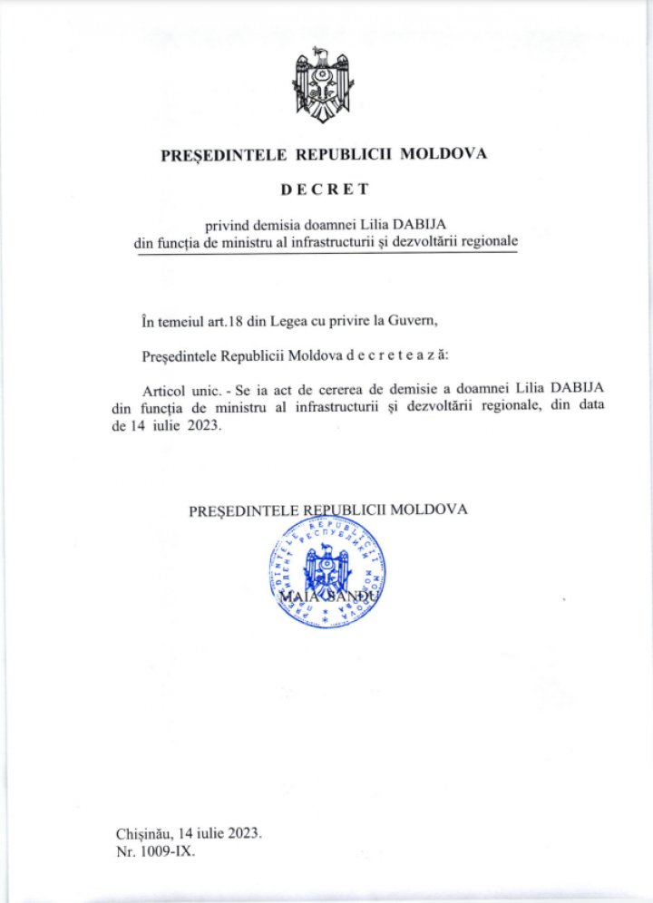 Maia Sandu a semnat decretele privind demisia celor trei miniștri