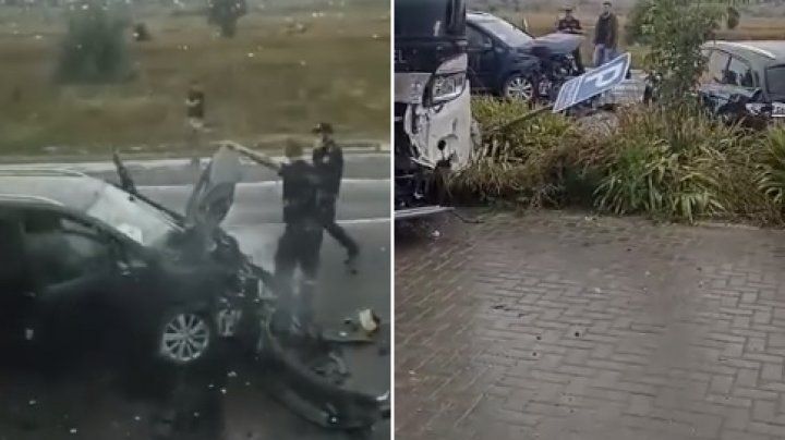 VIDEO. Accident CUMPLIT lângă Vama Leușeni, cu implicarea mai multor mașini și un autocar. Sunt victime 