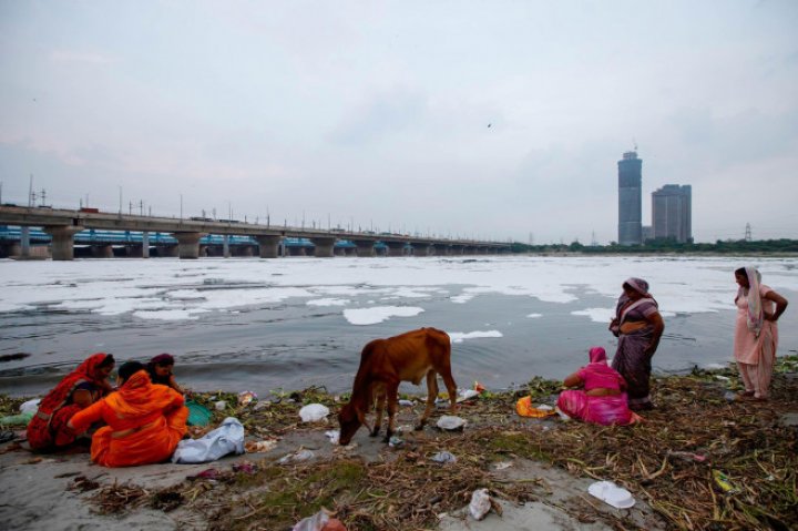 Spuma toxică a acoperit un râu sacru din India. Oamenii se scaldă, se roagă și beau apa otrăvită (FOTO)