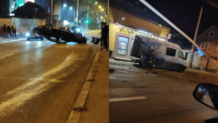 ACCIDENT GRAV în Capitală. Un automobil s-a răsturnat în urma impactului puternic