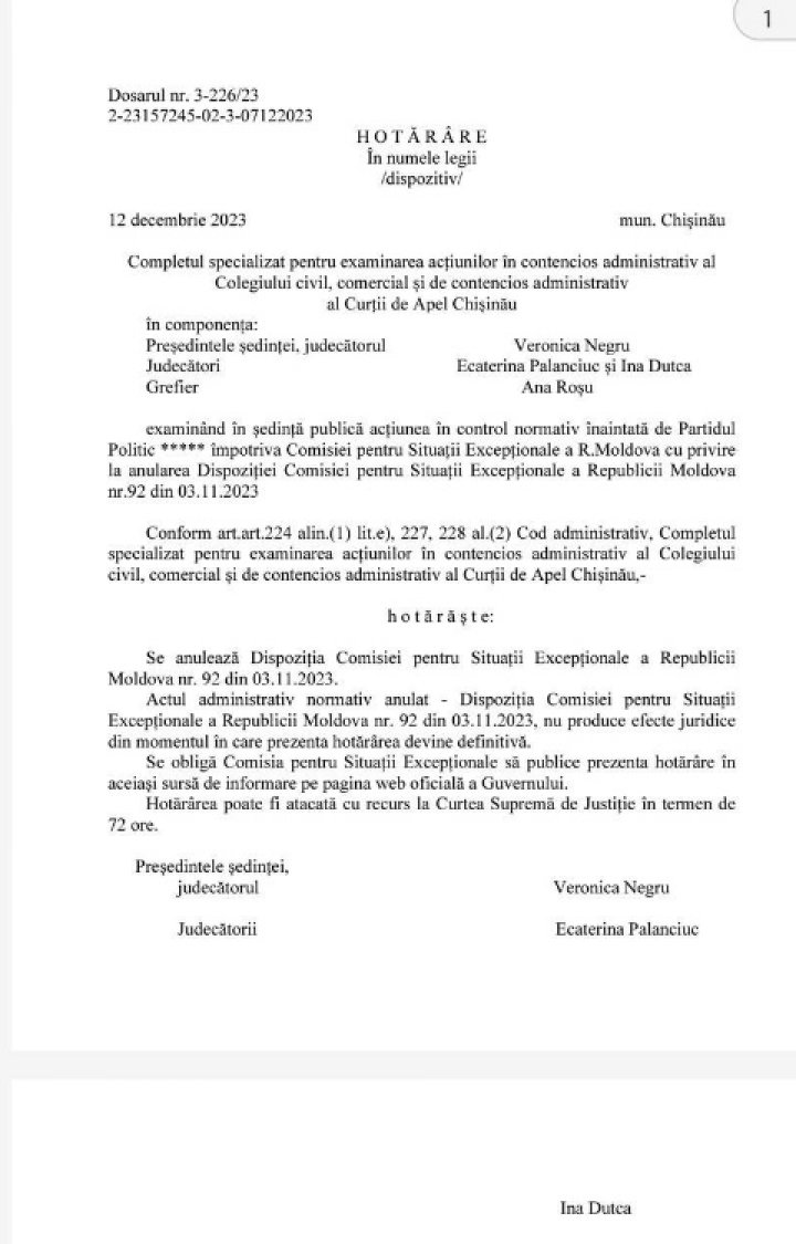 (DOC) Curtea de Apel: Partidul Șansă a fost scos ILEGAL din cursa electorală