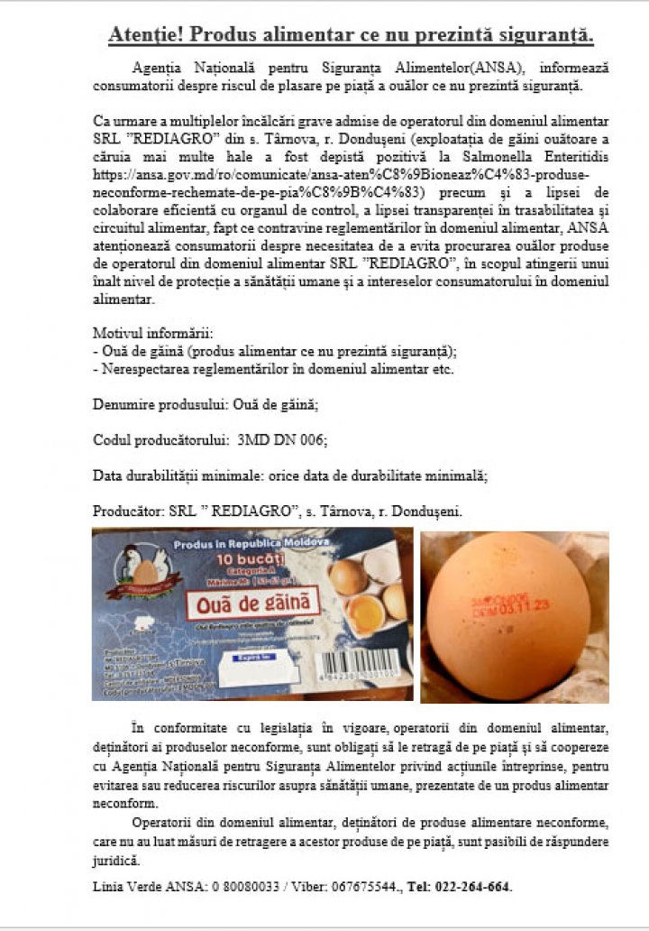 ANSA atenționează consumatorii să nu procure ouă de la SRL „REDIAGRO” din cauza riscului de contaminare cu Salmonella Enteritidis